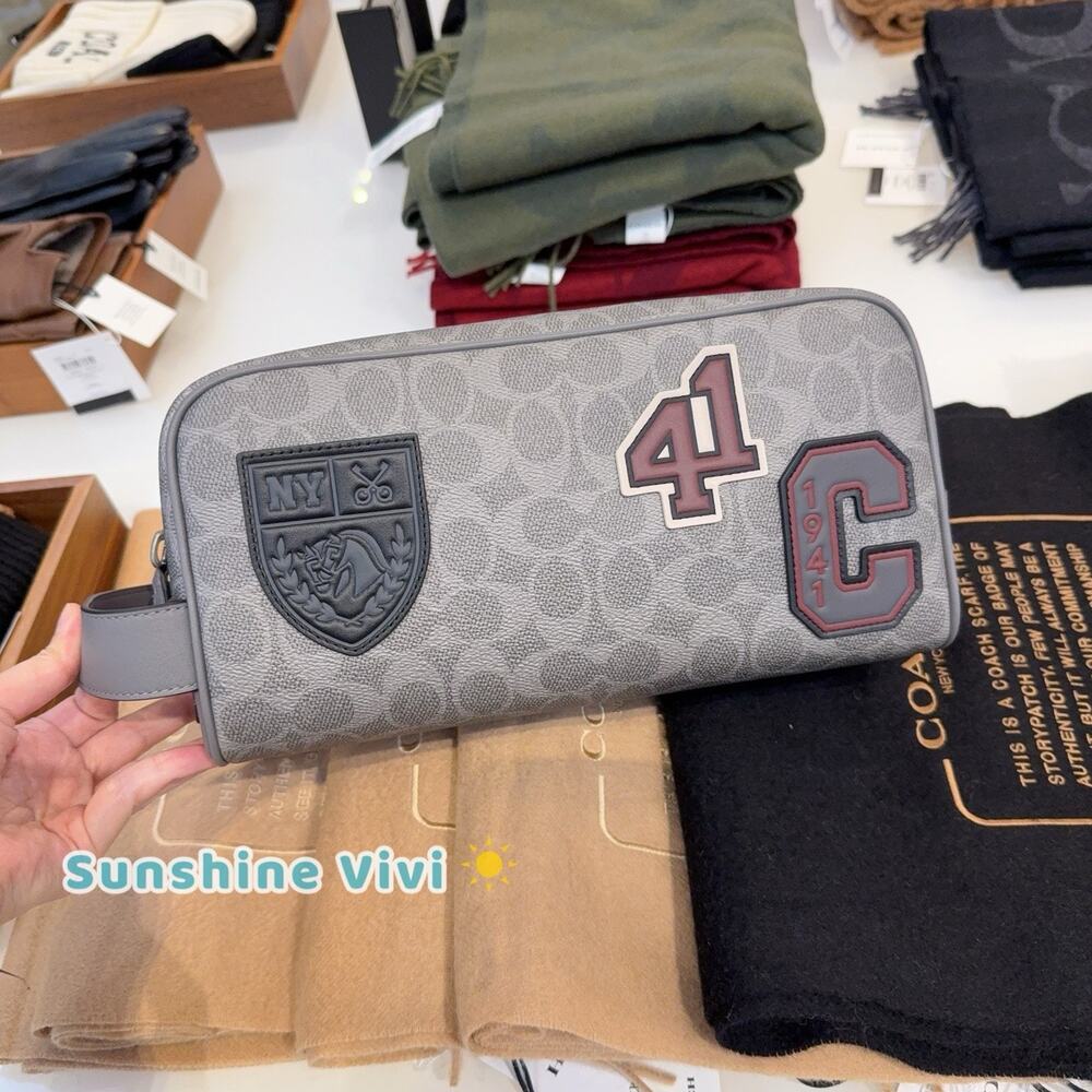 NWT Coach Men's Large Travel Kit In Signature Canvas With Patches CCF36 Grey